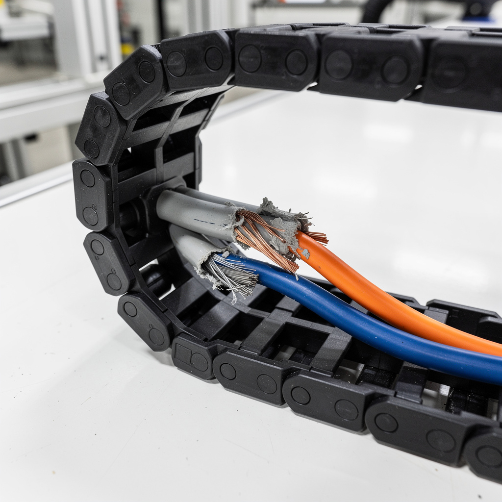 Câble I/O sectionné dans chemin de câble articulé